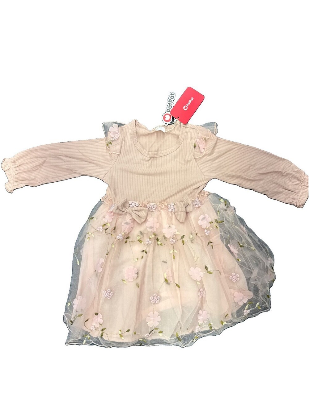 Patpat Dresses Pink Ribbed Bowknot Floral Mesh for Baby Dress 3 Years
